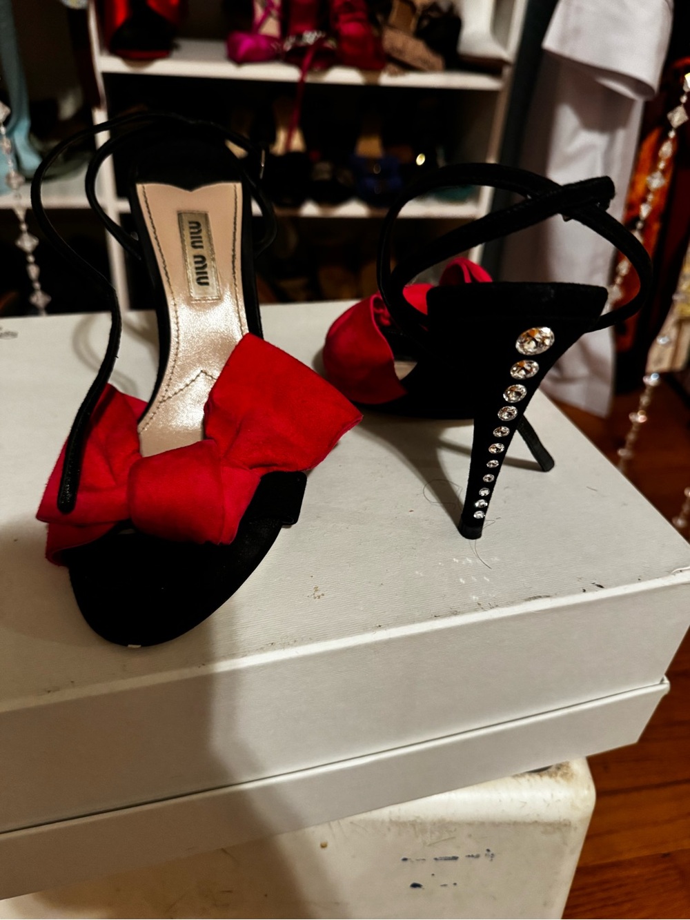 Miu Miu Black Satin Heels with Red Bow and Crystal-Studded Heel